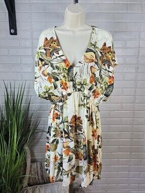 Cupshe Cream Tropical Floral V Neck Summer Dress Swim Coverup Large